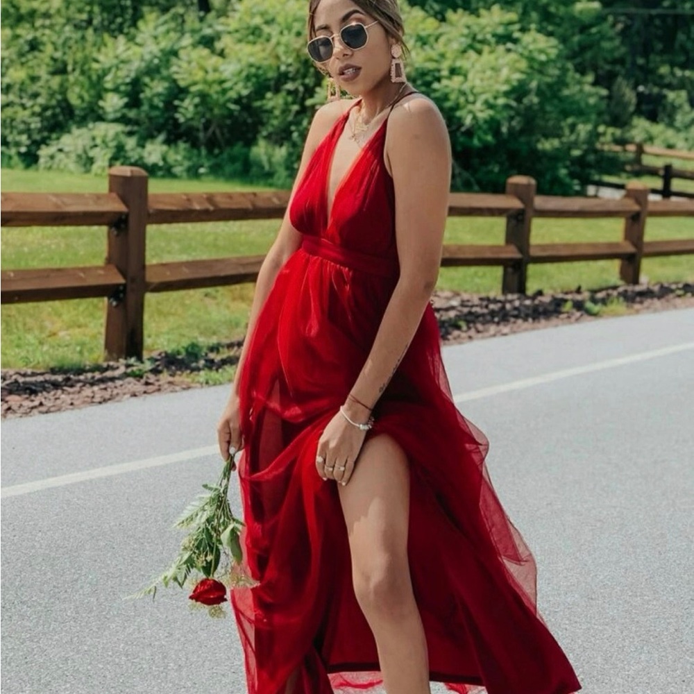 Plunging Burgundy Prom Dress